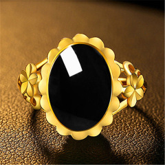 鑲黑玉石梅花戒指鍍黃金戒指氣質花型和田碧玉橢圓大蛋面活口戒指