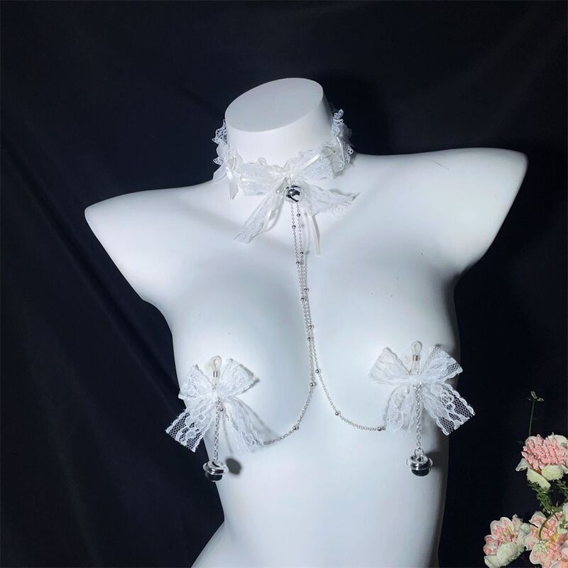 White lace bow body chain for women, sexy chest chain necklace accessory, pure desire style, European and American fashion jewelry, light luxury White lace bow body chain for women, sexy chest chain necklace accessory, pure desire style, European and American fashion jewelry, light luxury