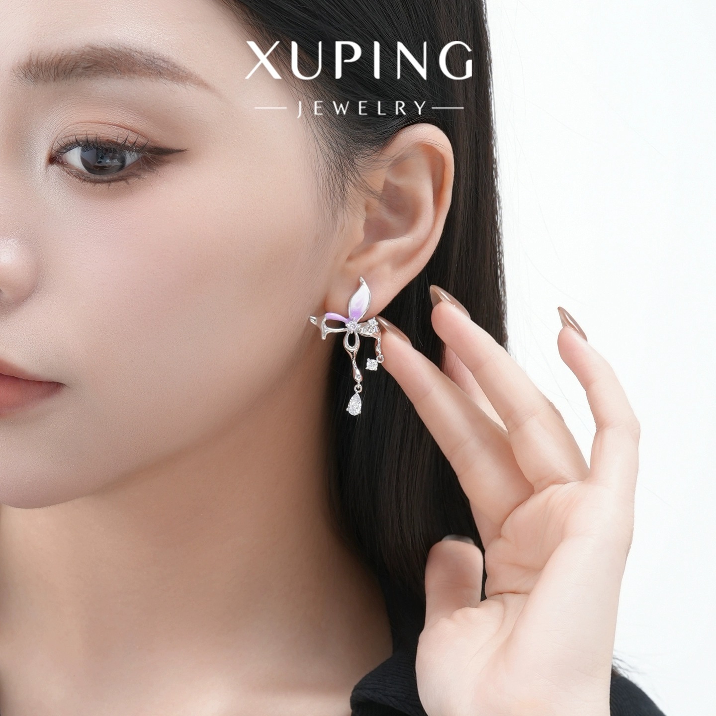 Xuping goteo de aceite serie de aretes de mariposa púrpura suave ventana boquilla nicho temperamento dulce pernos de orejas para mujeres image 4