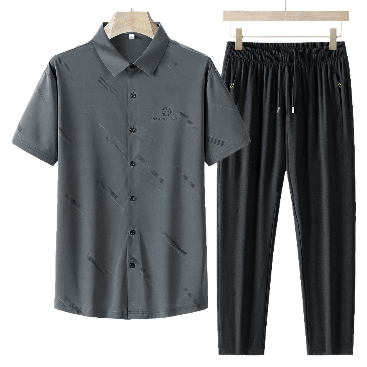 Papa de verano 2025 nuevo traje casual para hombre delgado cardigan de manga corta Polo cuello rayado de hielo dos piezas para hombre