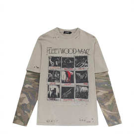 2025春季美式复古假两件长袖T恤男宽松高级感迷彩拼接上衣潮