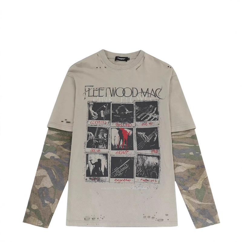 2025 Spring American Retro Fake Two-Piece Long Sleeve T-Shirt Men's Loose High-End Camouflage Patchwork Top Trendy