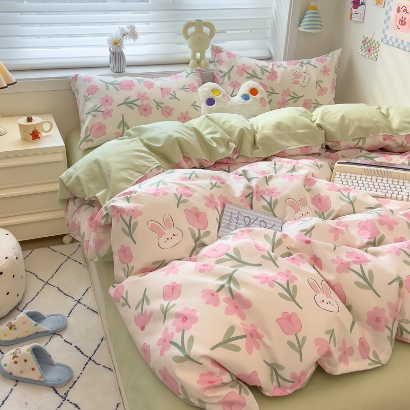 Four-Season Washed Cotton Four-Piece Set Thickeneded Quilt Cover Bed Sheetss Student Dormitory Three-Piece Quilt Cover Single and Double Bedding