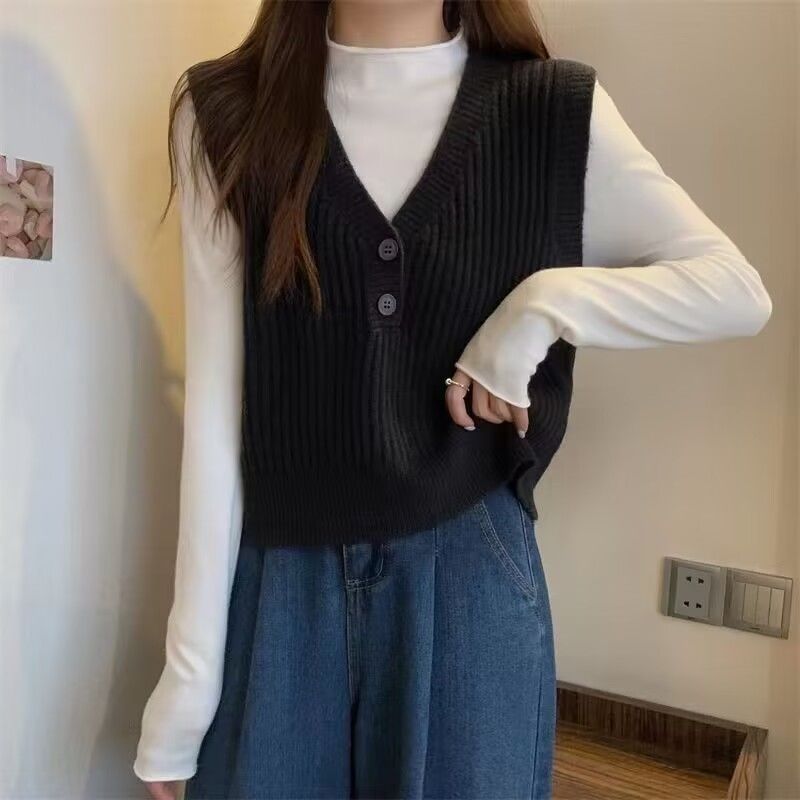 新款低多边形纽扣宽松短款马甲秋季时尚马甲韩风百搭90后女神气息|undefined
