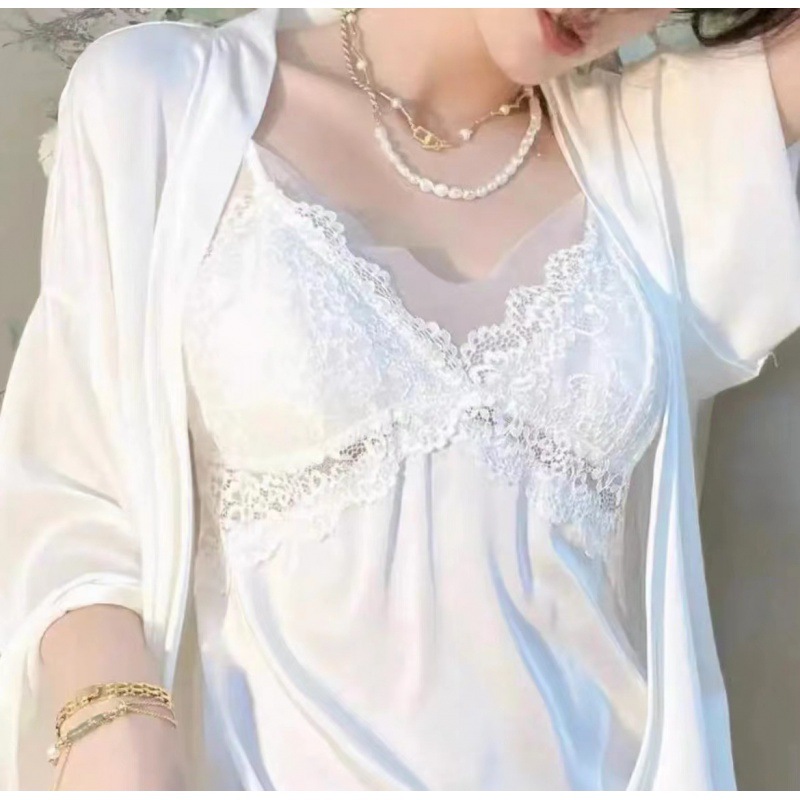 [Finger Point Ballet] Spring and Summer Lace Mesh Ice Silk Nightdress Beautiful Back Pure Desire Pajamas Sling Sexy Home Clothes Women