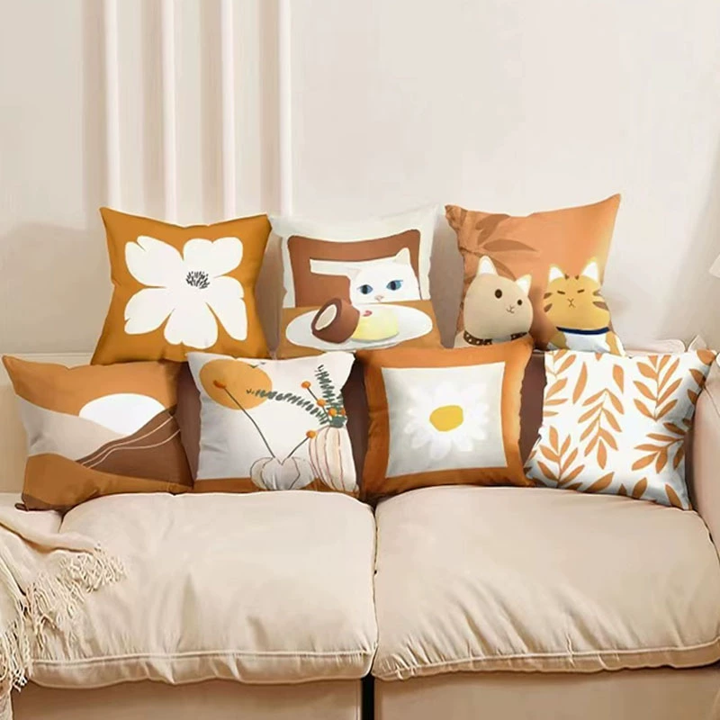 Square orange pillow, sofa, modern and minimalistic pillowcase for bed