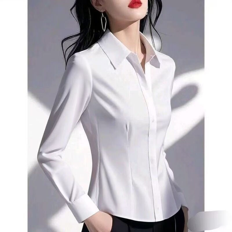 High-end professional attire, formal interview workwear, white shirt for women, elegant and slim-fitting V-neck long-sleeve shirt High-end professional attire, formal interview workwear, white shirt for women, elegant and slim-fitting V-neck long-sleeve shirt
