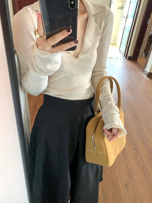 v领翻领内搭打底衫女秋冬季薄款羊毛毛衣长袖针织衫修身紧身上衣|undefined