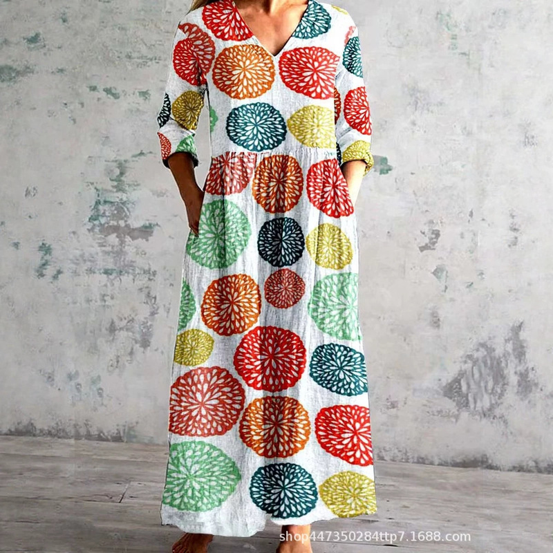 Plus-Size Women's 3D Printed Dress V-Neck Long-Sleeved Loose-Fitting Long Dress That Covers the Body, Maternity Dress Plus-Size Women's 3D Printed Dress V-Neck Long-Sleeved Loose-Fitting Long Dress That Covers the Body, Maternity Dress
