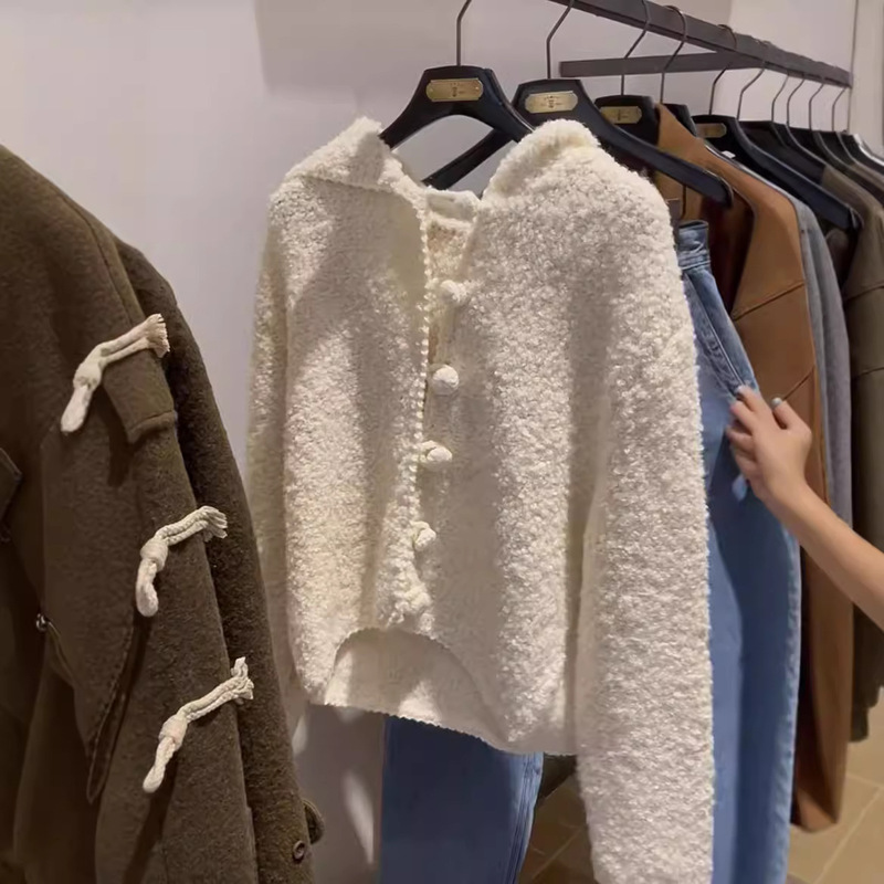In Stock 24 Autumn and Winter New Products Dongdaemun Korean Style Hooded Ring Yarn Wool Jacket Cardigan Milk White Women In Stock 24 Autumn and Winter New Products Dongdaemun Korean Style Hooded Ring Yarn Wool Jacket Cardigan Milk White Women