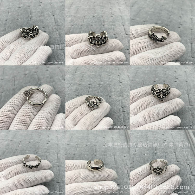 Crow-a vintage old rattan flower tomb cross ring hip-hop anchor personality ring male and female couples all-match