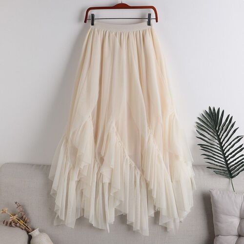 2024 Spring New Tulle Swing Dress for Plus Size Women, Medium Length, Asymmetrical Hemming and Splicing Tiered Skirt