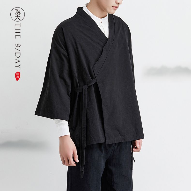 Túnica de estilo antiguo, traje de moda Tang, chaqueta retro de estilo chino, Hanfu para hombre, manga suelta de gran tamaño, media manga