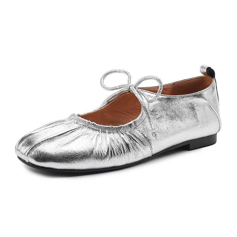Giày ballet nữ da cừu mềm mũi tròn đế bệt xếp ly nơ buộc dây — Màu súng chi tiết 20