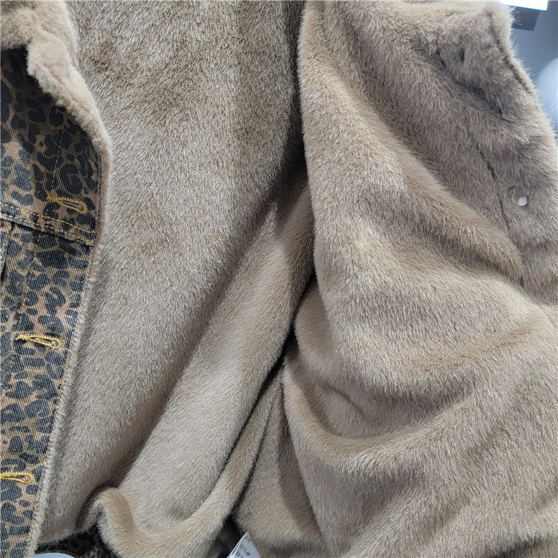 Women's Clothing Mink Leopard Print Thickened Denim Short Jacket Winter Slim Warm Tops_voghion.com