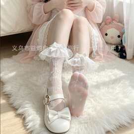 Lolita夏季甜妹蝴蝶结洛丽塔袜子可爱双层波点蕾丝花边JK中筒袜