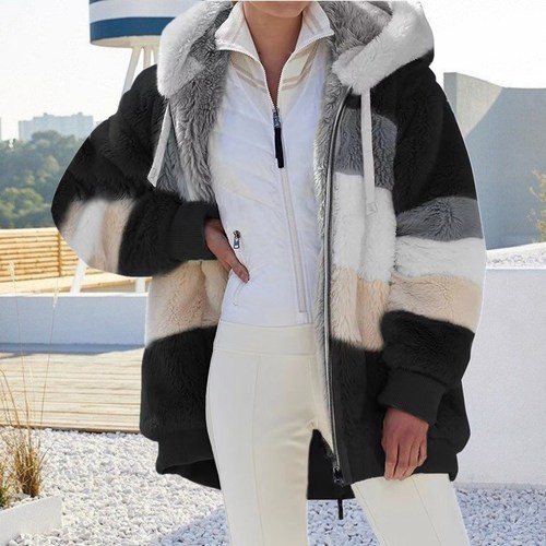 Popular European and American autumn and winter warm plush patchwork zipper pocket hooded loose jacket for women