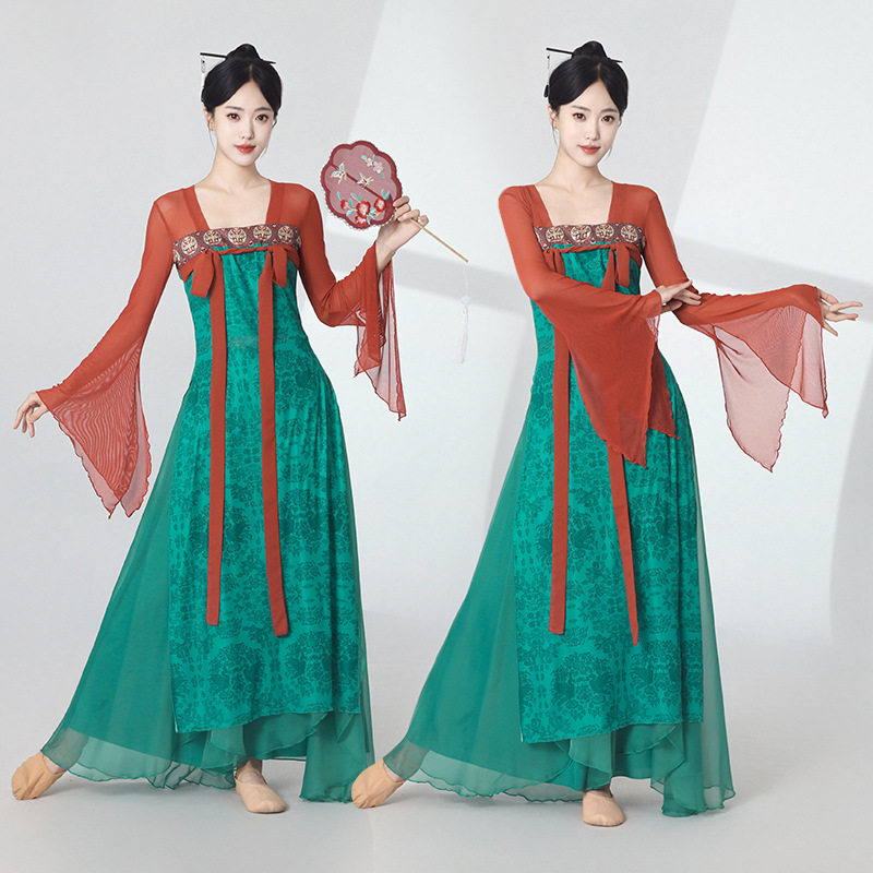 Classical dance costume for women, Han and Tang dynasty style, high-waisted skirt, performance practice clothes, flowing ribbons, Chinese dance performance costume, Han and Tang style.