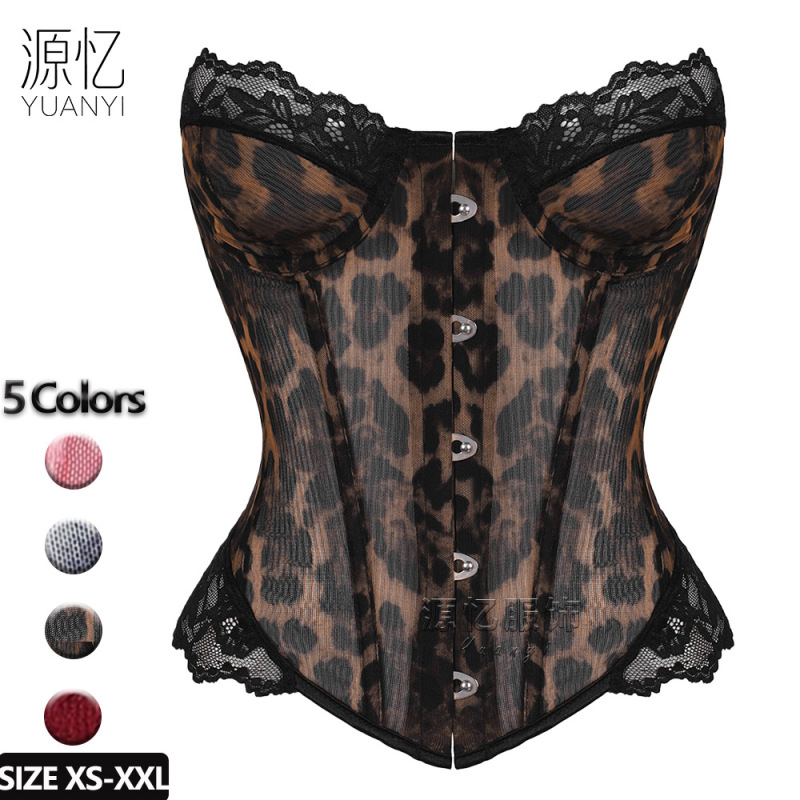 Cross-Border E-Commerce Leopard Print Mesh Lace Shapewear Metal Buckle Slimming Fishbone Corset Direct from Manufacturer