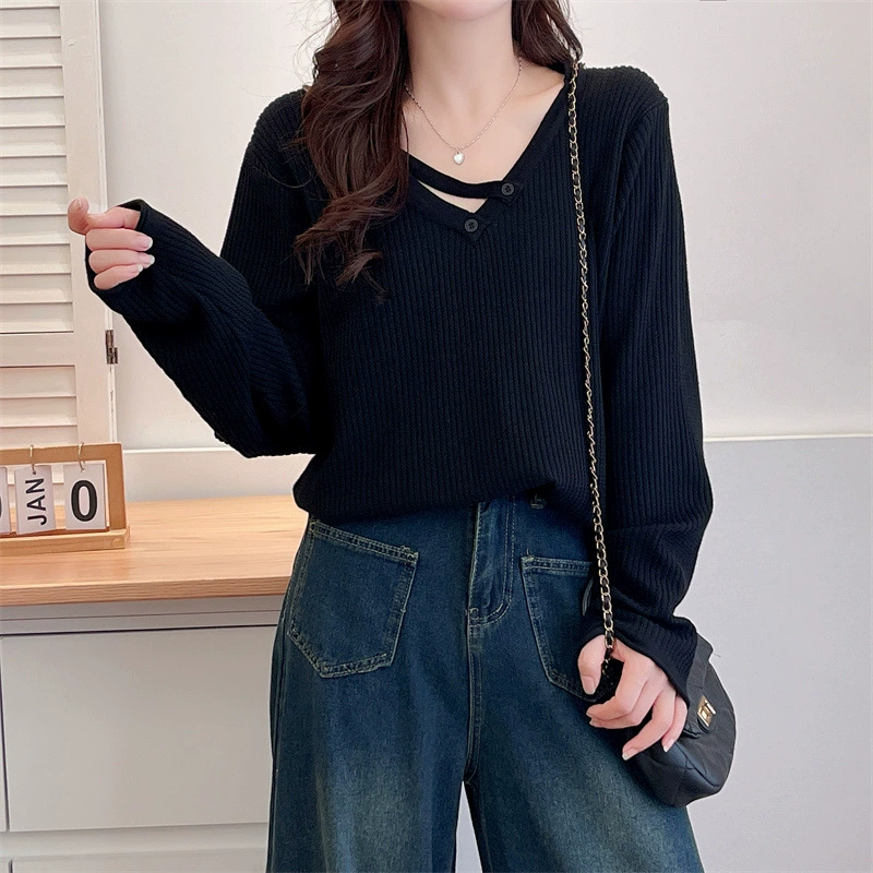 Large size knitted sweater V-neck women's 200 catties slimming top 2024 autumn stretch sweater fat MM casual shirt 8419