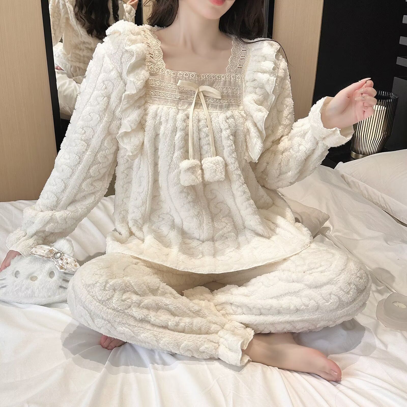 Jacquard de flanel encaje princesa cuello cuadrado pijama de invierno mujer arco cálido conjunto de ropa para el hogar