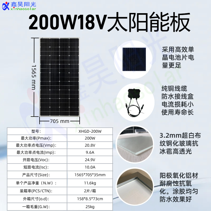 Alta eficiencia monocristalino de silicio de potencia completa panel solar fotovoltaico 200W panel de carga solar 12v panel solar