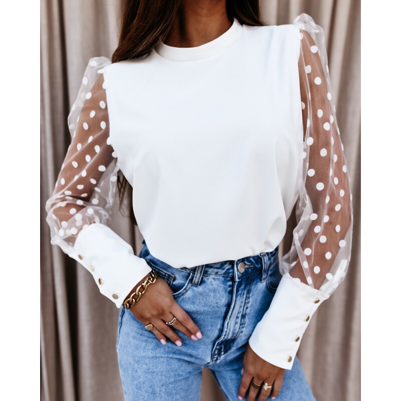 Amazon 2024 spring new foreign trade lace sleeve pullover casual half turtleneck lace shirt/chiffon shirt