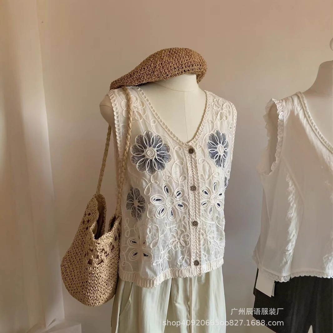 2025 Summer New French Heavy-Duty Hollow Crochet Strap Women's Sweet Spicy Girl Loose Sleeveless Vest Top