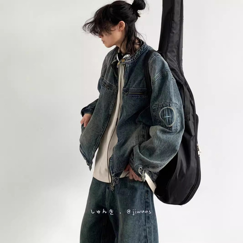 Autumn and Spring Japanese Retro Embroidered Washed Denim Jacket for Men and Women BF Style Loose Blue Work Top