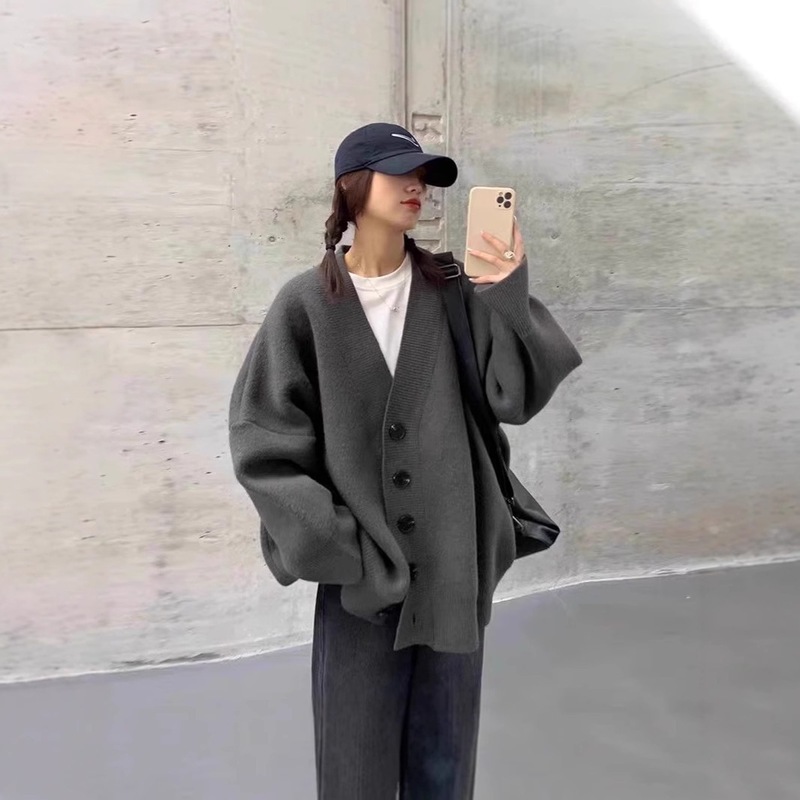 黑色羊毛外套女大码2025加厚外穿复古中长款慵懒宽松v领开衫毛衣|undefined
