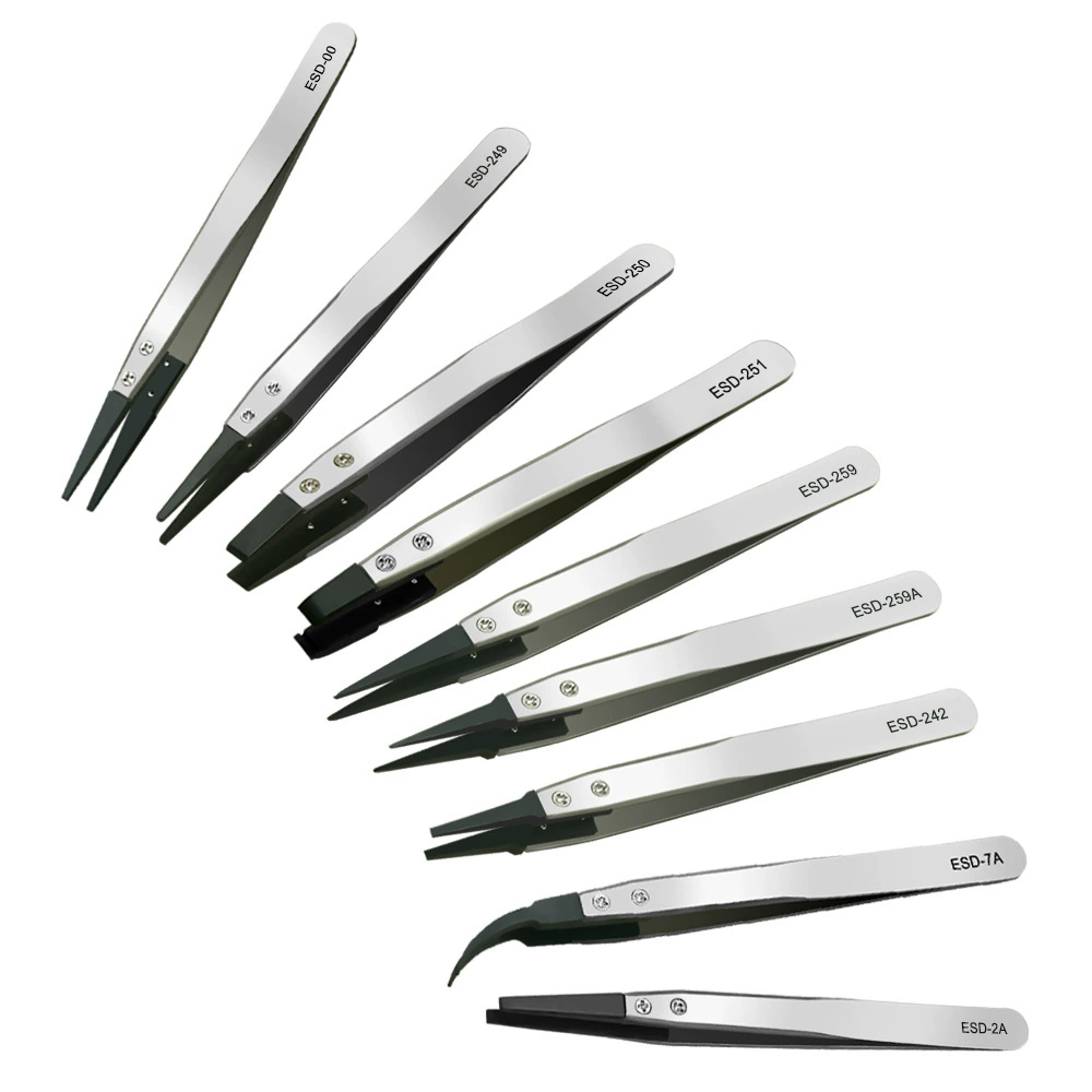 Антистатические шлифованные пинцеты серии ESD, тонкие кончики, закаленные кромки под давлением, высокоэластичные пинцеты