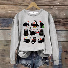 亚马逊跨境女春秋圆领秋冬外贸欧美圣诞猫图案印花休闲长袖卫衣