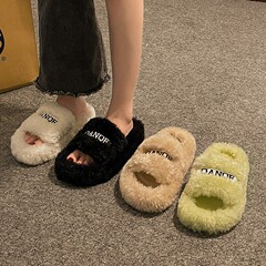 Lambskin Slipper for Women, Outdoor Wear, 2024 Autumn/Winter New Style Casual and Versatile Home Thick Sole Embroidered Monogram Fuzzy Slippers