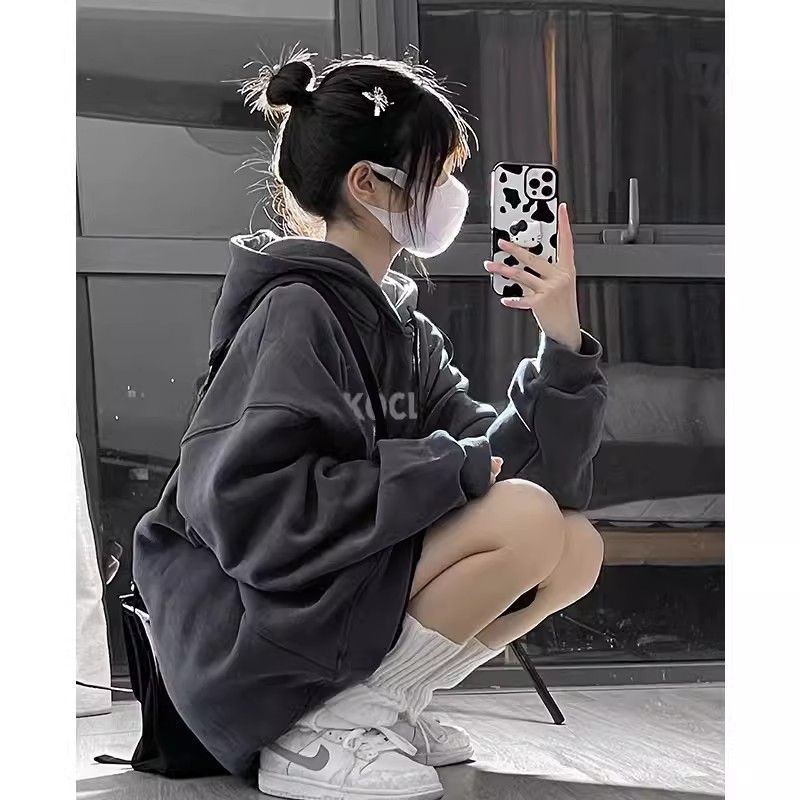 아메리칸 스타일 레트로 다크 그레이 후드 스웨트 여성용 오버 사이즈 가을과 겨울 기모 두꺼운 커플 재킷