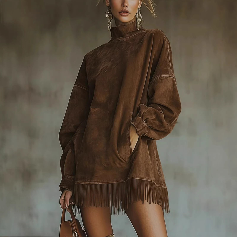 2026 New Amazon Independent Brand High-Neck Loose Pocket Tassel Long-Sleeve Suede Dress