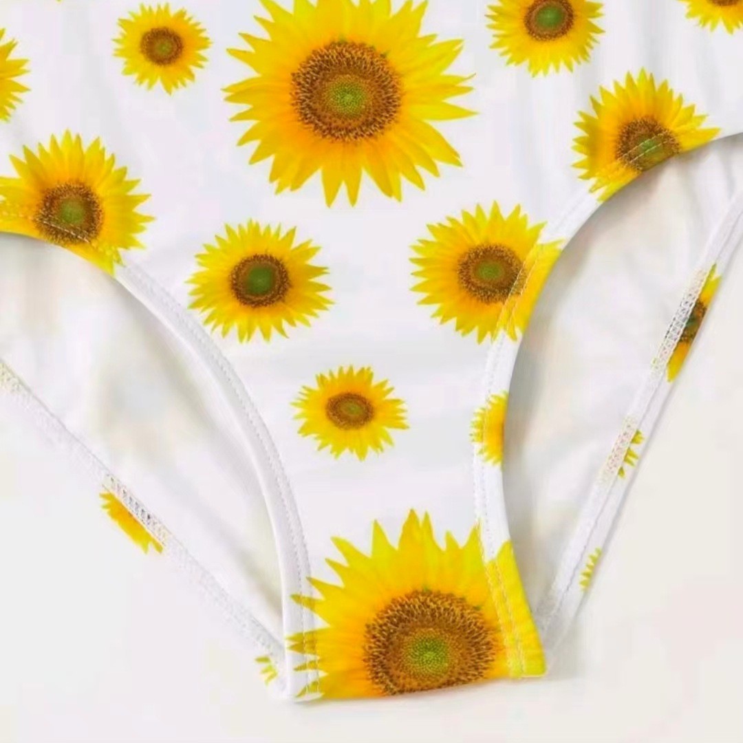 Modischer einteiliger Badeanzug für Mädchen, zweiteiliger Badeanzug mit Sonnenblumenmuster aus Mesh für Kinder (3-7 Jahre)_voghion.com
