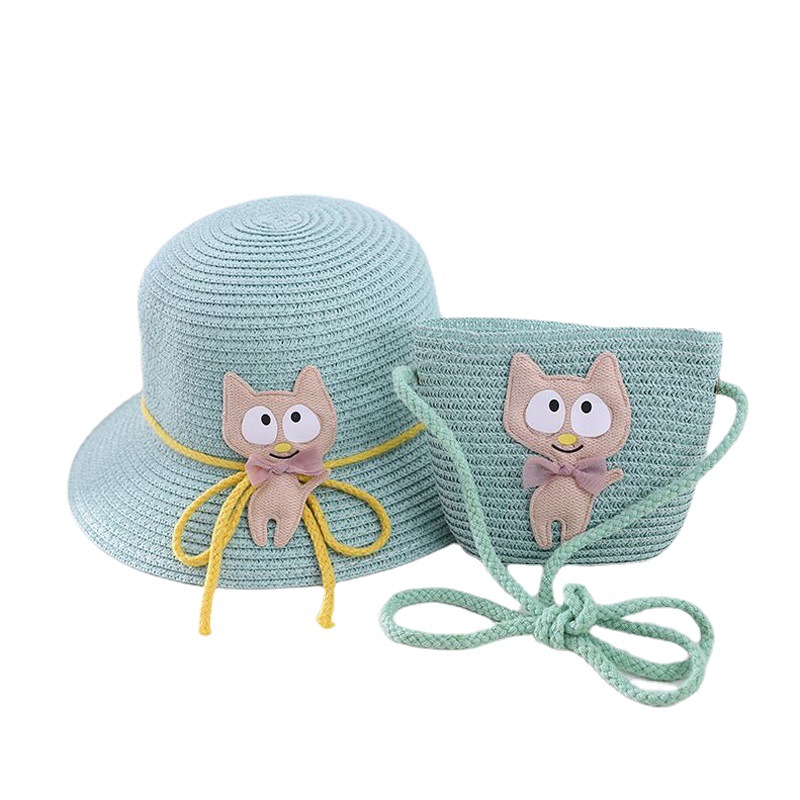 Korean Edition Cartoon Kitty children Sun hat Bag suit Spring and summer outdoors Sandy beach Straw hat girl lovely Hat
