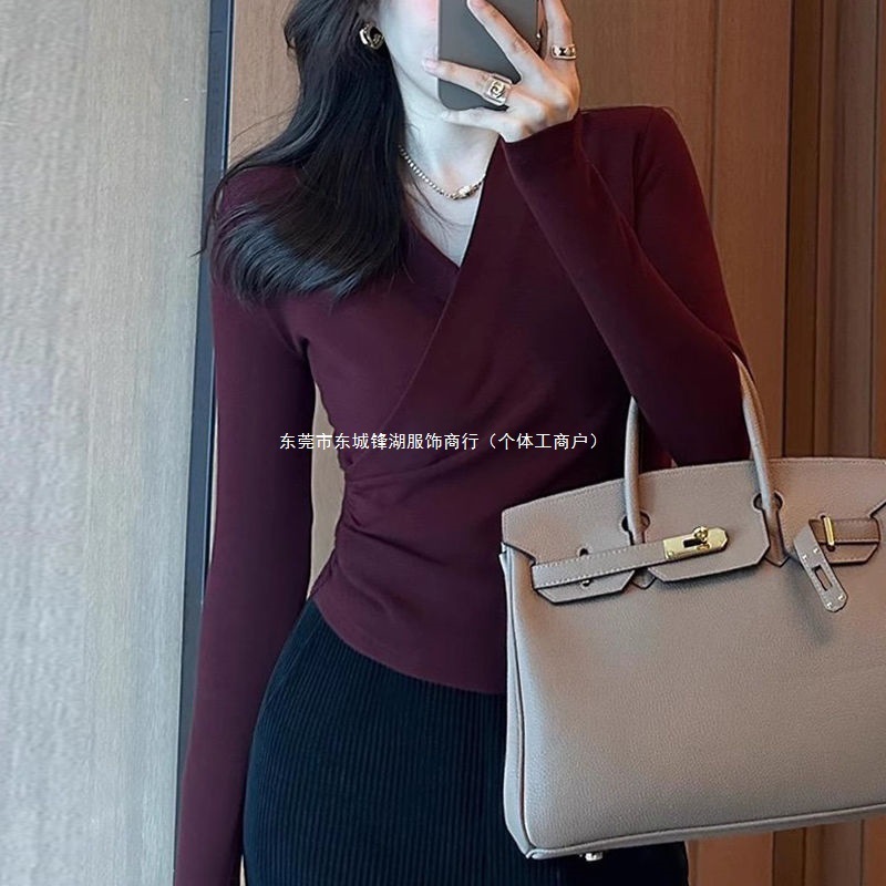 长袖恤女2025春季新款设计感领交叉外穿上衣百搭修身显瘦打底衫|undefined