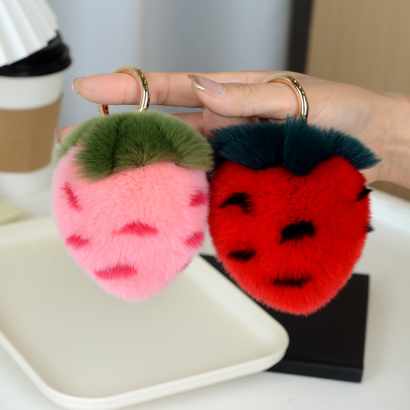 Girl's Heart South Korea Cute Imitation Rex Rabbit Fur Small Strawberry Bag Pendant High-grade Plush Cartoon Car Keychain Pendant
