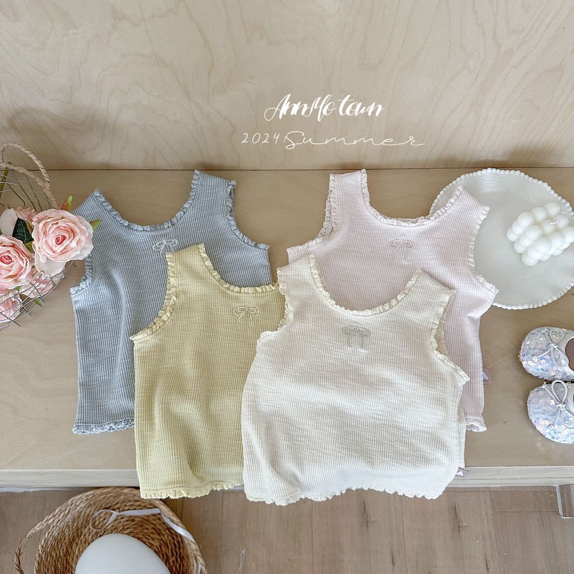 Women's Children's Summer New Basic Top, Baby Bodysuit, Floral Edge Tank Top, Sleeveless Upper Body Clothing, Trendy 0069A024