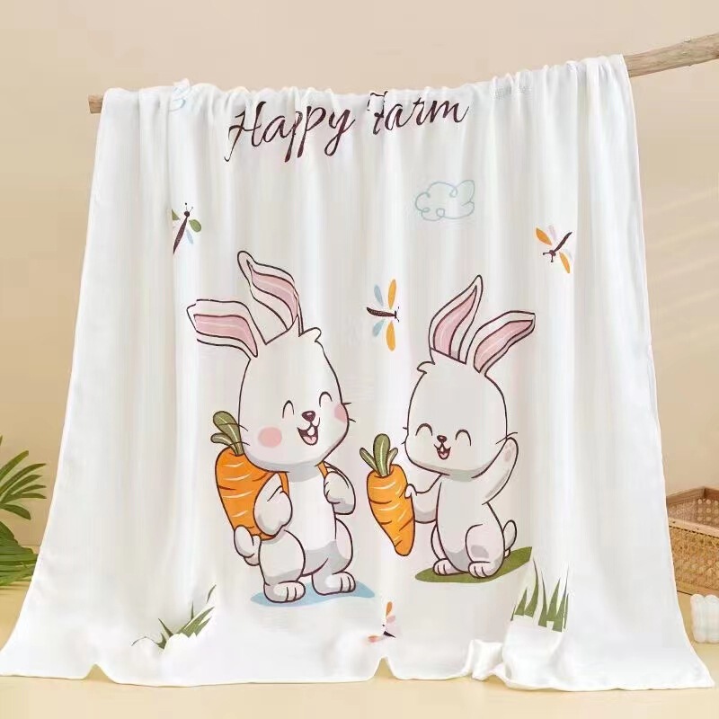 Bamboo Fiber Newborn Bath Towel Cartoon Printed Gauze Double-Layer Children's Quilt Summer Super Soft Absorbent Baby Ice Silk Bath Towel