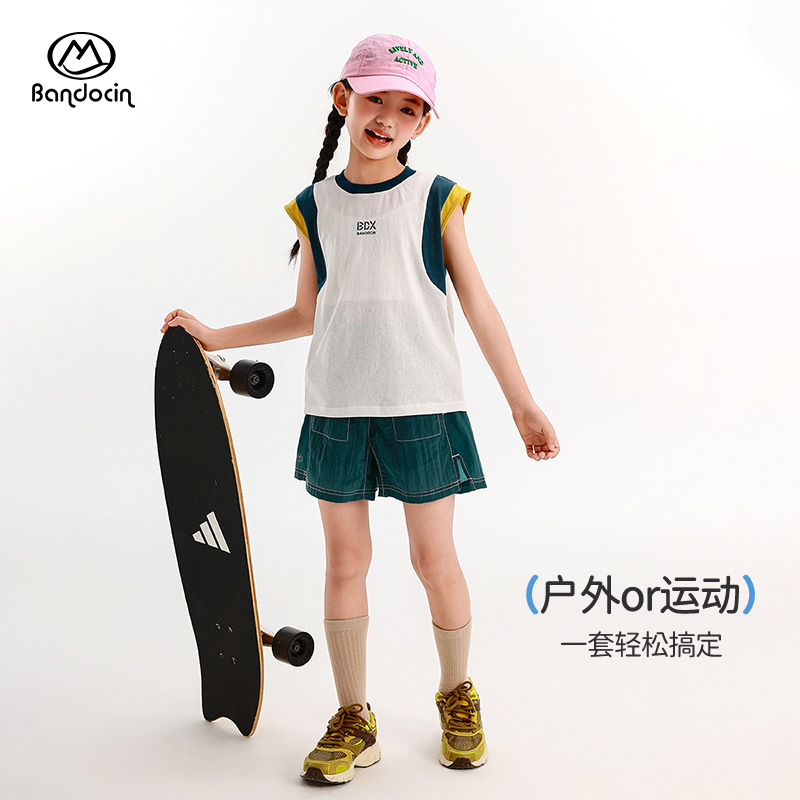 ハーフデグリーレジャーガールズサマーベストスーツ、ファッショナブルな2025新しい中型および大型子供服、夏のカジュアルショーツ、トレンディ|undefined