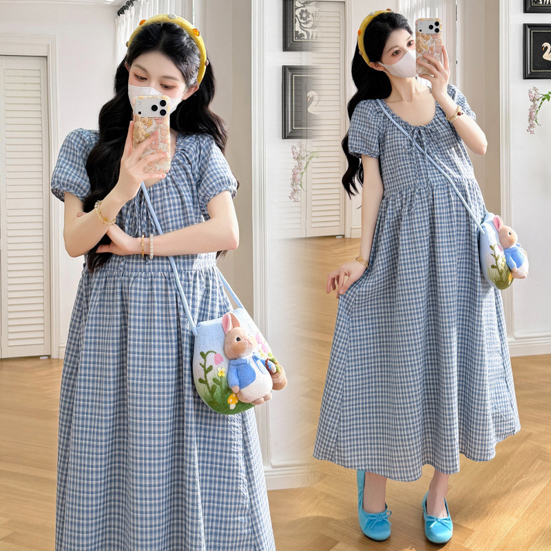 2026 Summer New Style Blue Plaid Fresh and Loose Breathable Plus-Size Maternity Dress 2026 Summer New Style Blue Plaid Fresh and Loose Breathable Plus-Size Maternity Dress