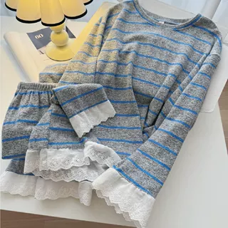 韩系高级感德绒条纹睡衣女早秋2025新款花边大码家居服套装可外穿