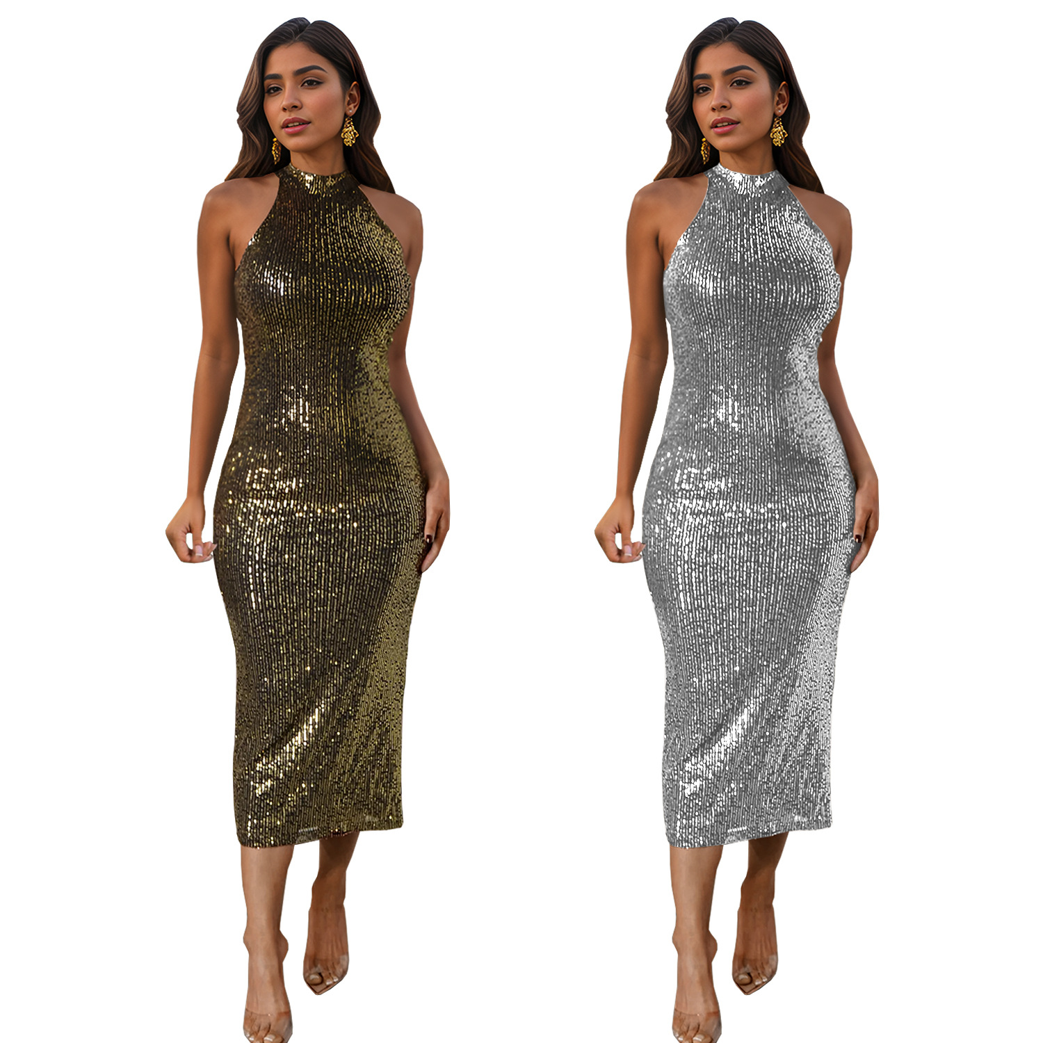 C7195 cross-border AliExpress Amazon Europa y América moda de mujer cuello colgante esquinilla ajustada sexy vestido delgado image 6