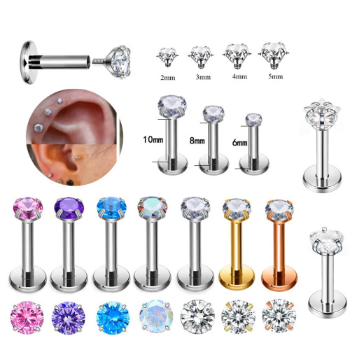Flat-bottomed stainless steel labret stud with European and American style light luxury inner zirconia simple and personalized piercing lip ring jewelry