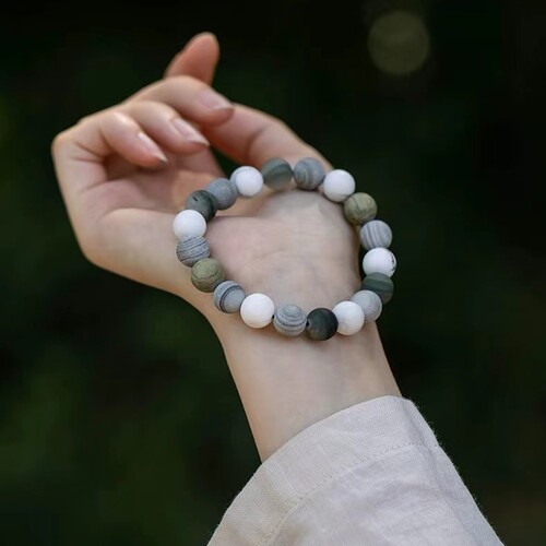 New Chinese style white turquoise bracelet with Buddhist beads for men and women, gray grained stone bracelet, hand-held accessories, same style dropshipping