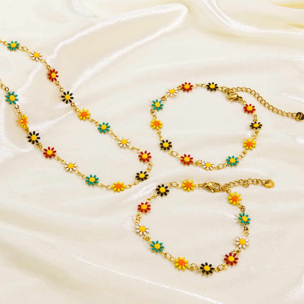 14K Gold, Real Gold Plated Plating Material PVD Coated 14K Gold Real Gold Plated Flower 304 Stainless Steel Sweet Waterproof Non Tarnish Bracelets Anklet Necklace