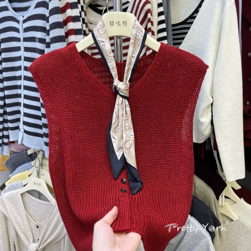 设计感法式高端轻奢女装安哥拉红V领马夹坎肩夏秋无袖背心针织衫|undefined