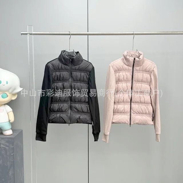 25早秋新款蒙家女士抽褶泡泡感针织拼接立领羽绒服羊毛衫羽绒开衫